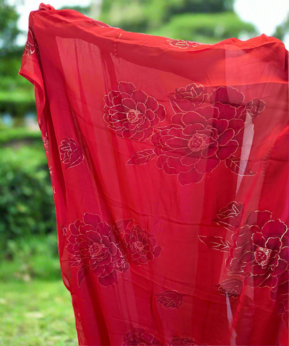Golden flower printed sari with fall and pico