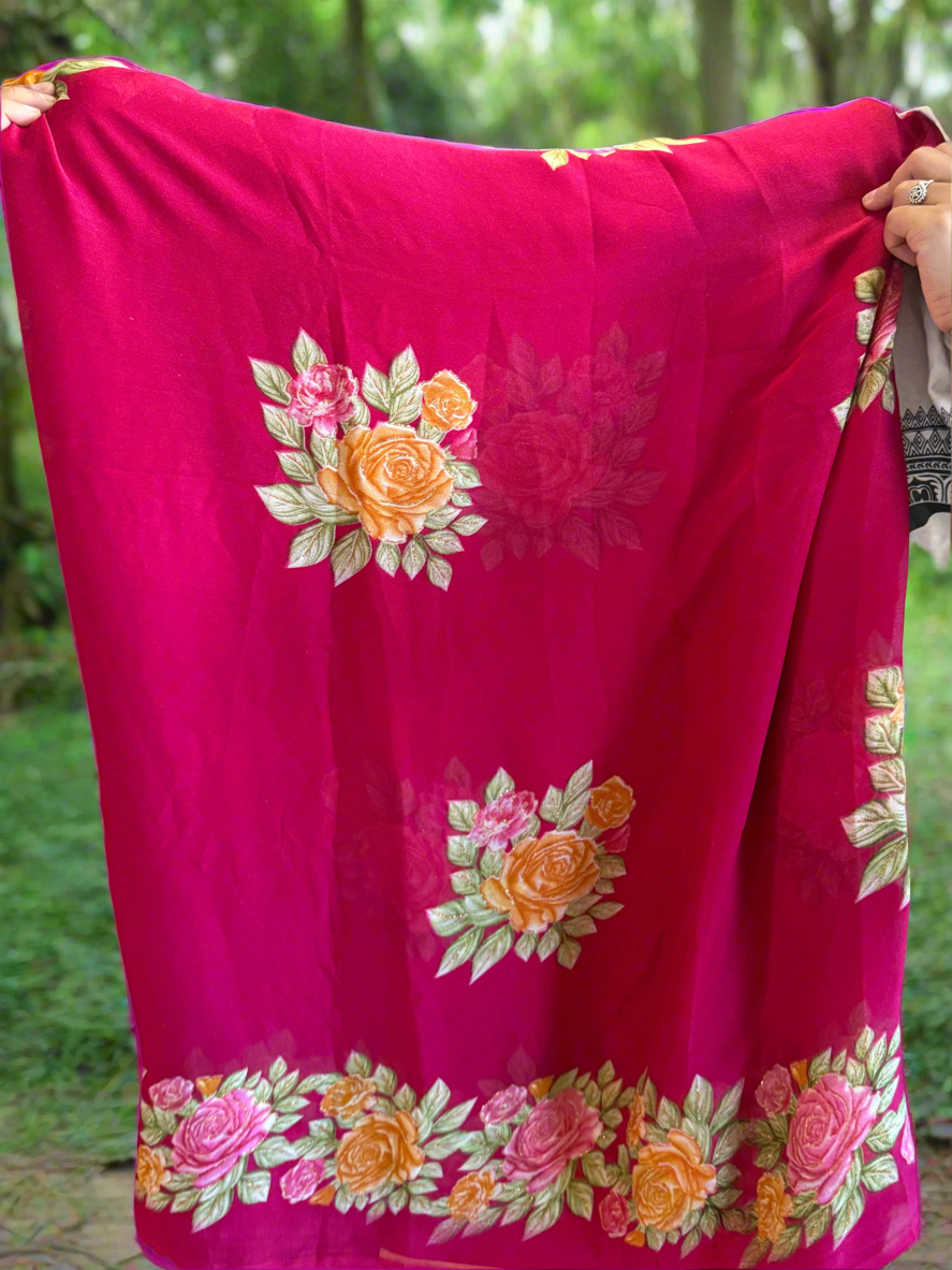 Flower printed chiffon sari with falls and pico