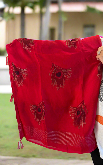Feather print sari with falls and pico