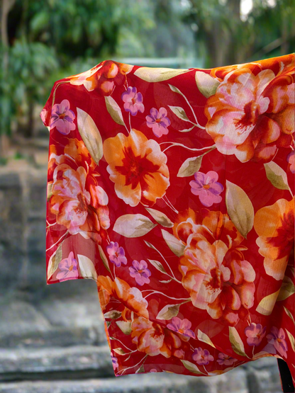 Flower printed Chiffon Sari with fall and pico