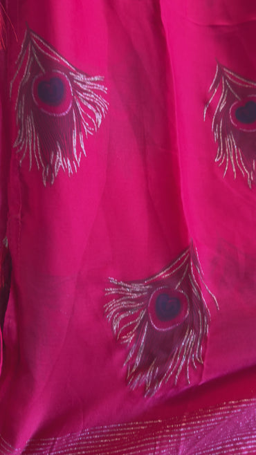 Feather print sari with falls and pico