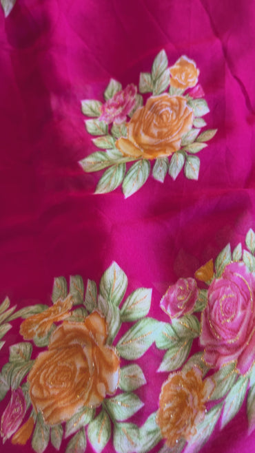 Flower printed chiffon sari with falls and pico